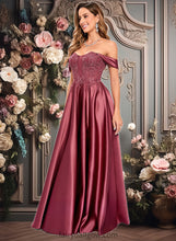 Load image into Gallery viewer, Jaidyn A-line Off the Shoulder Floor-Length Satin Lace Prom Dresses With Sequins XXCP0025841