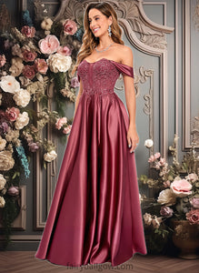 Jaidyn A-line Off the Shoulder Floor-Length Satin Lace Prom Dresses With Sequins XXCP0025841