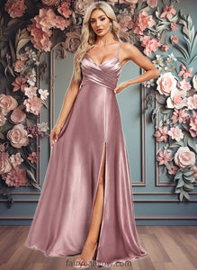 Aliza A-line V-Neck Floor-Length Stretch Satin Bridesmaid Dress XXCP0025822