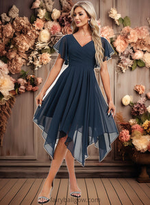 Tamia A-line V-Neck Asymmetrical Chiffon Bridesmaid Dress With Ruffle XXCP0025804