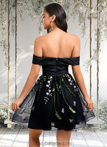 Lilliana A-line Off the Shoulder Short Tulle Lace Homecoming Dress With Embroidered XXCP0025720