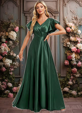 Load image into Gallery viewer, Abigayle A-line V-Neck Floor-Length Stretch Satin Bridesmaid Dress With Ruffle XXCP0025773