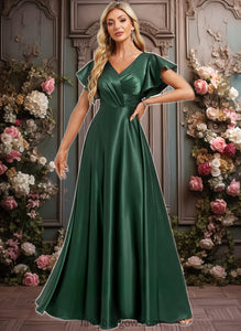 Abigayle A-line V-Neck Floor-Length Stretch Satin Bridesmaid Dress With Ruffle XXCP0025773