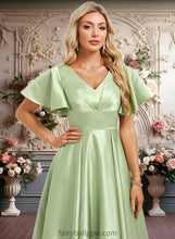 Load image into Gallery viewer, Chasity A-line V-Neck Asymmetrical Satin Bridesmaid Dress With Ruffle XXCP0025776