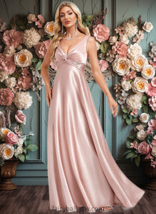 Nicole A-line V-Neck Floor-Length Stretch Satin Bridesmaid Dress XXCP0025779