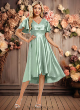 Load image into Gallery viewer, Cassandra A-line V-Neck Asymmetrical Stretch Satin Bridesmaid Dress With Ruffle XXCP0025772