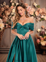 Load image into Gallery viewer, Kailey A-line Off the Shoulder Floor-Length Satin Prom Dresses With Pleated XXCP0025851