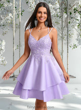 Load image into Gallery viewer, Addisyn A-line V-Neck Short Satin Homecoming Dress With Appliques Lace XXCP0025692