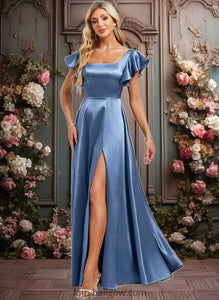 Maritza A-line Square Floor-Length Stretch Satin Bridesmaid Dress With Ruffle XXCP0025769