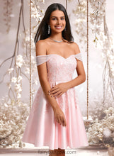 Load image into Gallery viewer, Sylvia A-line Off the Shoulder Short Satin Homecoming Dress With Rhinestone Beading Appliques Lace XXCP0025679