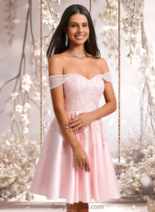 Sylvia A-line Off the Shoulder Short Satin Homecoming Dress With Rhinestone Beading Appliques Lace XXCP0025679