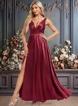 Load image into Gallery viewer, Quinn A-line V-Neck Floor-Length Stretch Satin Bridesmaid Dress XXCP0025771