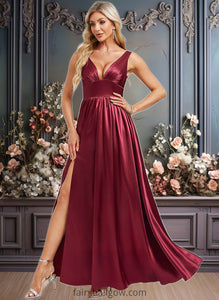 Quinn A-line V-Neck Floor-Length Stretch Satin Bridesmaid Dress XXCP0025771