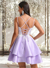 Load image into Gallery viewer, Nevaeh A-line V-Neck Short Satin Homecoming Dress With Appliques Lace XXCP0025696