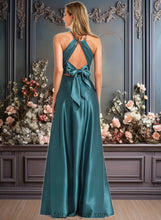 Load image into Gallery viewer, Esperanza A-line Halter Floor-Length Stretch Satin Bridesmaid Dress XXCP0025731