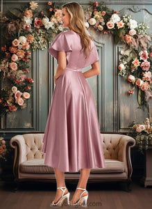 Sarah A-line V-Neck Asymmetrical Stretch Satin Bridesmaid Dress XXCP0025752