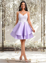 Load image into Gallery viewer, Nevaeh A-line V-Neck Short Satin Homecoming Dress With Appliques Lace XXCP0025696