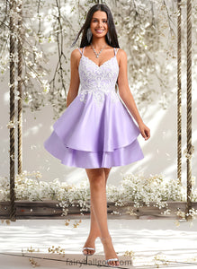 Nevaeh A-line V-Neck Short Satin Homecoming Dress With Appliques Lace XXCP0025696