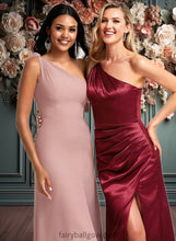 Load image into Gallery viewer, Jemima A-line One Shoulder Floor-Length Stretch Satin Bridesmaid Dress With Bow XXCP0025758