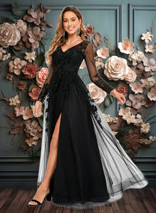 Laila A-line V-Neck Floor-Length Tulle Prom Dresses With Sequins Appliques Lace Beading XXCP0025834