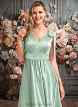 Load image into Gallery viewer, Dahlia A-line V-Neck Floor-Length Stretch Satin Bridesmaid Dress With Bow XXCP0025737