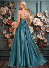 Load image into Gallery viewer, Araceli A-line V-Neck Floor-Length Stretch Satin Bridesmaid Dress XXCP0025786