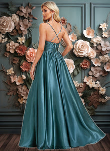 Araceli A-line V-Neck Floor-Length Stretch Satin Bridesmaid Dress XXCP0025786