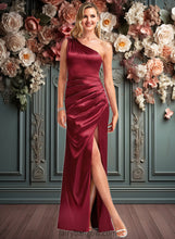 Load image into Gallery viewer, Jemima A-line One Shoulder Floor-Length Stretch Satin Bridesmaid Dress With Bow XXCP0025758