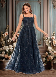 Ally A-line Square Floor-Length Organza Lace Floral Prom Dresses With Sequins XXCP0025844