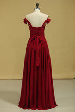 Load image into Gallery viewer, 2024 Burgundy/Maroon Prom Dresses Off The Shoulder A Line Chiffon Floor Length With Ruffles
