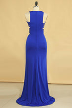 Load image into Gallery viewer, 2024 Plus Size New Arrival Scoop Prom Dresses Dark Royal Blue Mermaid Spandex With Beading Sweep Train