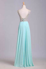 Load image into Gallery viewer, 2024 V Neck Prom Dresses A Line Beaded Bodice Sweep Train Chiffon And Tulle