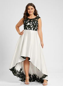 Satin Asymmetrical Lace A-Line Riya Illusion Scoop Prom Dresses