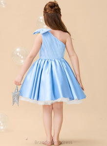 Flower Girl Dresses Knee-length Serena Sleeveless With A-Line - Flower Girl Beading/Bow(s) Satin/Tulle Dress One-Shoulder