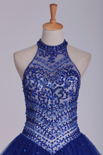 Load image into Gallery viewer, 2024 Dark Royal Blue Halter Quinceanera Dresses Ball Gown Tulle With Beads &amp; Rhinestones