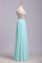 Load image into Gallery viewer, 2024 V Neck Prom Dresses A Line Beaded Bodice Sweep Train Chiffon And Tulle
