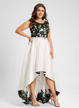 Load image into Gallery viewer, Satin Asymmetrical Lace A-Line Riya Illusion Scoop Prom Dresses