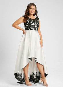 Satin Asymmetrical Lace A-Line Riya Illusion Scoop Prom Dresses