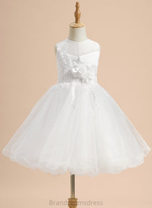 Dress A-Line - Neck Scoop Flower Ellen With Sleeveless Girl Satin/Tulle Lace/Flower(s)/Bow(s) Flower Girl Dresses Knee-length