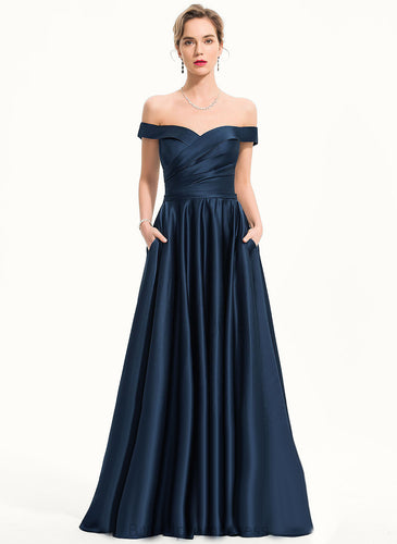 Train Satin Pleated Sweep Off-the-Shoulder Ball-Gown/Princess Prom Dresses With Hannah