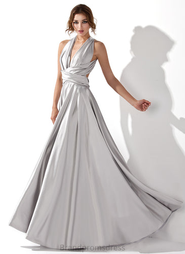 Floor-Length A-Line Charmeuse Pleated V-neck Prom Dresses With Clare