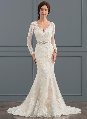 Train V-neck Gillian Trumpet/Mermaid Court Wedding Dress Beading Wedding Dresses Tulle Lace With