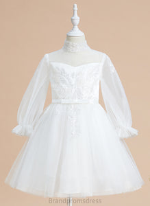 Dress Long Tulle A-Line - High Knee-length Flower Girl Dresses Sequins Sleeves With Flower Marley Neck Girl