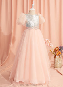 Jan Sleeves Floor-length Neck Tulle/Sequined Flower Girl Dresses With Ball-Gown/Princess Scoop Flower Dress Beading/Sequins/Bow(s) - Girl Short