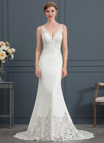 Wedding Dress Lace Crepe Trumpet/Mermaid Stretch Court Lexie V-neck Train Wedding Dresses