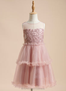 Tulle Scoop Flower Girl Dresses Amya Sequins/Pleated/V Girl Sleeveless With Flower - Back Dress Knee-length A-Line Neck