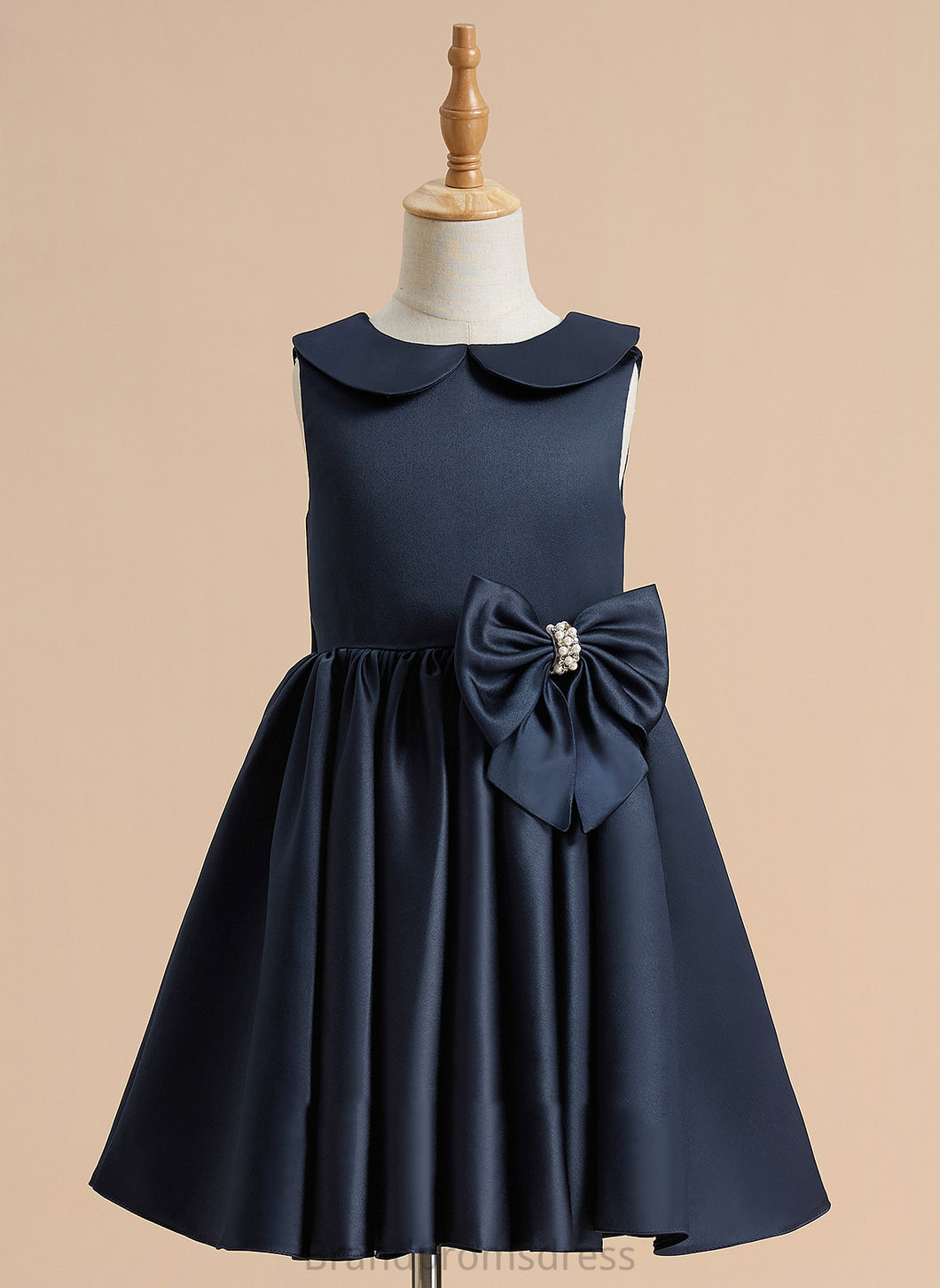 Knee-length Camryn Beading/Bow(s) Peter Girl Collar Flower Pan - Dress Satin With A-Line Flower Girl Dresses Sleeveless