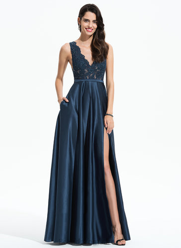 Maren Sequins A-Line Floor-Length Prom Dresses V-neck Lace Satin With