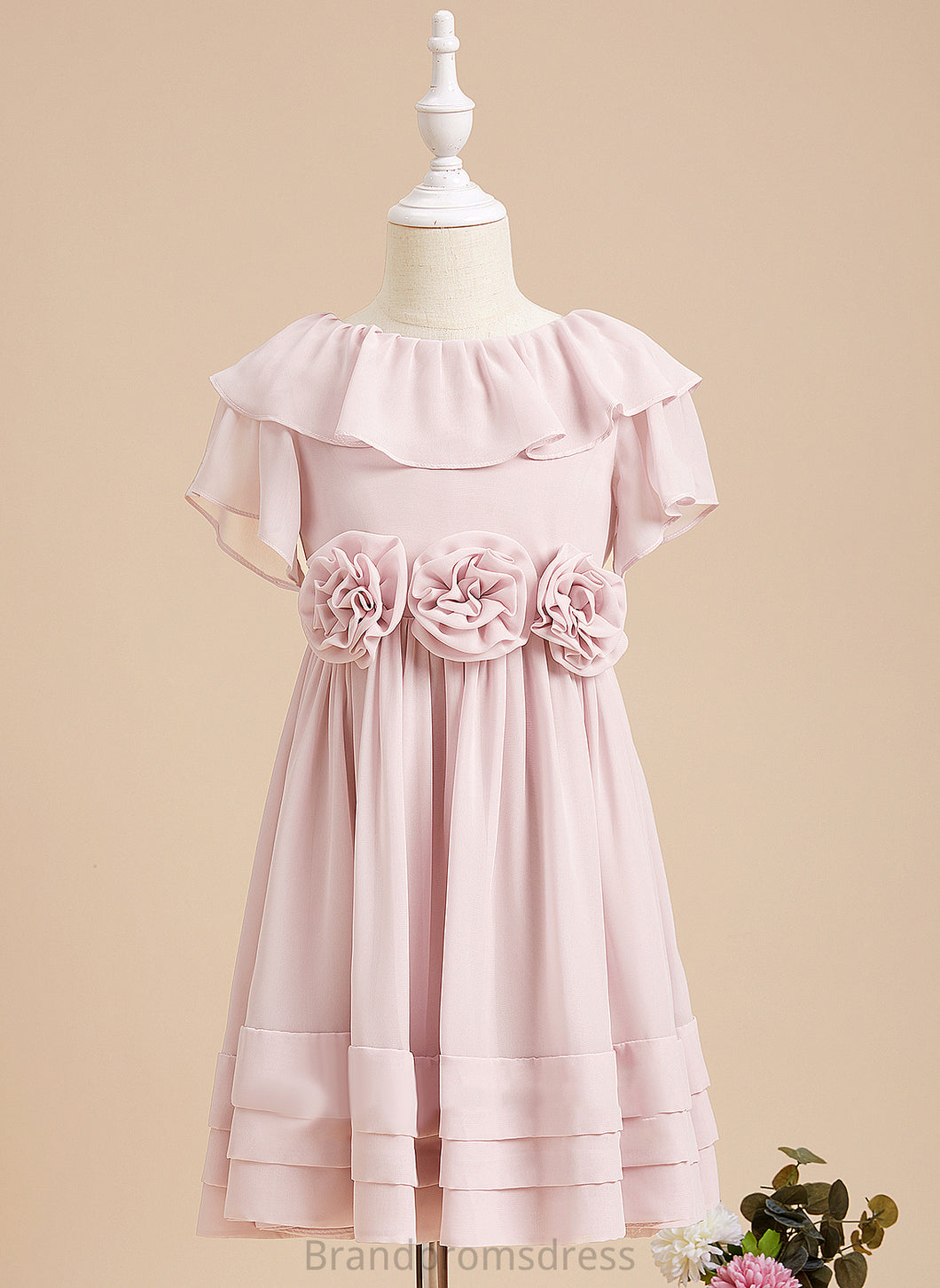 With Scoop Juliana Neck Flower Girl Dresses - Chiffon Short Girl Ruffles/Flower(s)/V A-Line Sleeves Knee-length Dress Flower Back