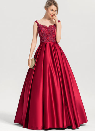 Ursula Lace Ball-Gown/Princess Prom Dresses Illusion Scoop Satin Sequins With Floor-Length